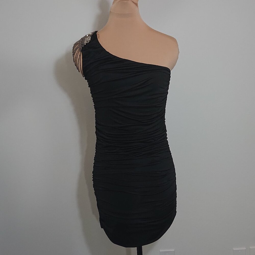 Black One-Shoulder Mini Dress with Beaded Shoulder Size Small Treasure Rock - Picture 3 of 13